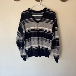 Vintage Campus navy blue striped velour v neck sweater men’s size large